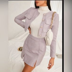 2 piece plaid tweed crop jacket skirt set '